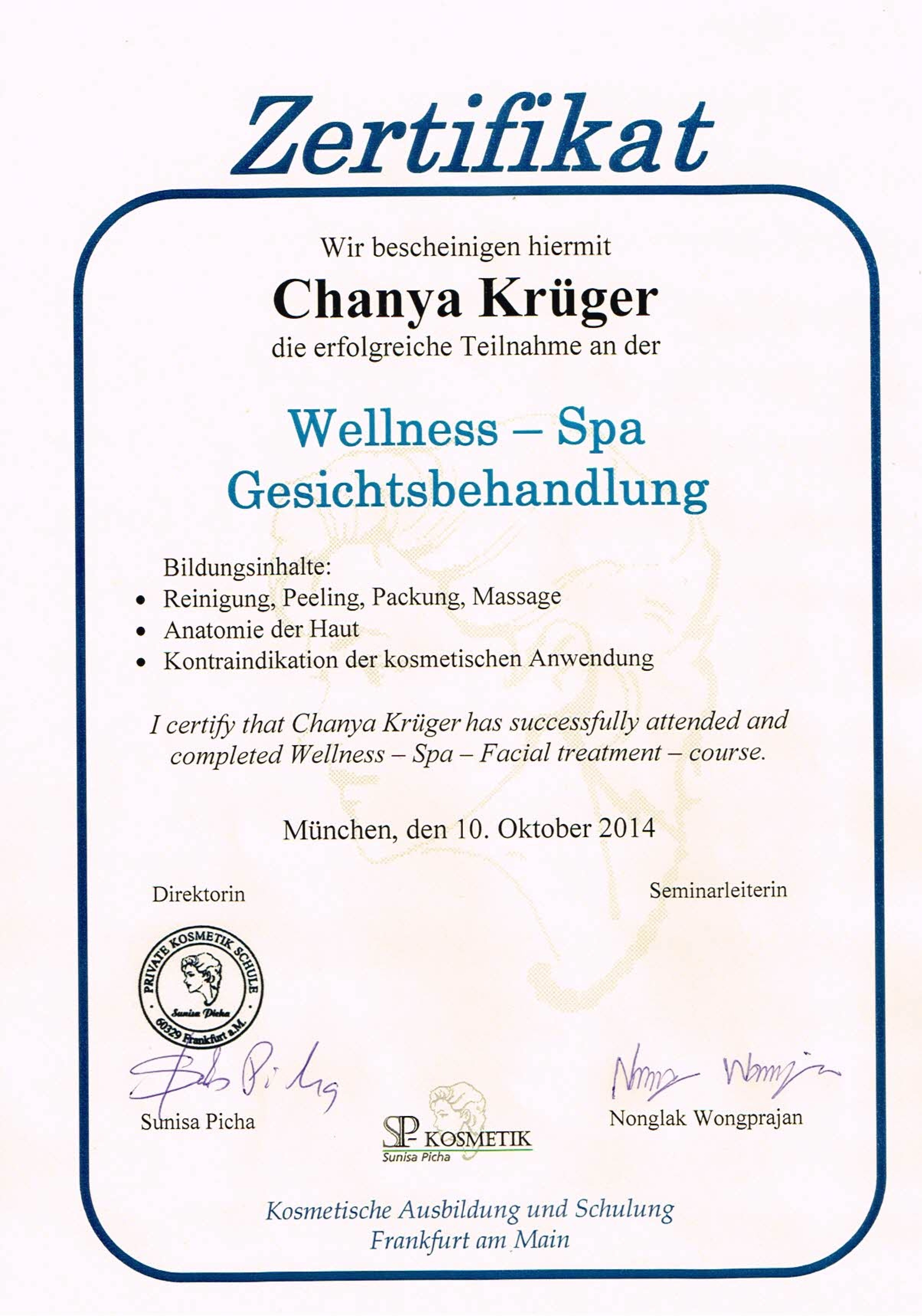 Wellness Spa Gesichtsbehandlung Zertifikat - Chanya Krüger Ausbildung